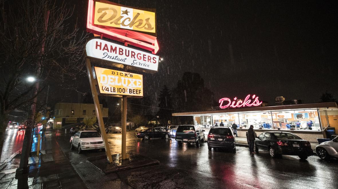 Dick's Drive In restaurant in Seattle's Wallingford neighborhood is popular with all ages